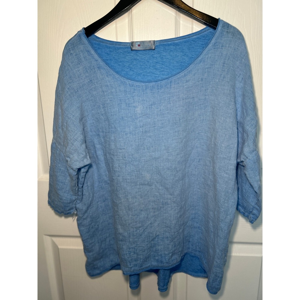 Tina Stephens Blue Linen Cotton Top Made in Italy Oversized 3/4‎ Sleeve One Size